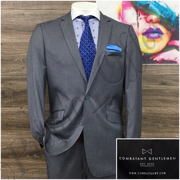 Combatant Mens Suit 2 Piece Set Size 42L Slim Jacket‎ Blazer Pants Wool 2 Button - Picture 1 of 16